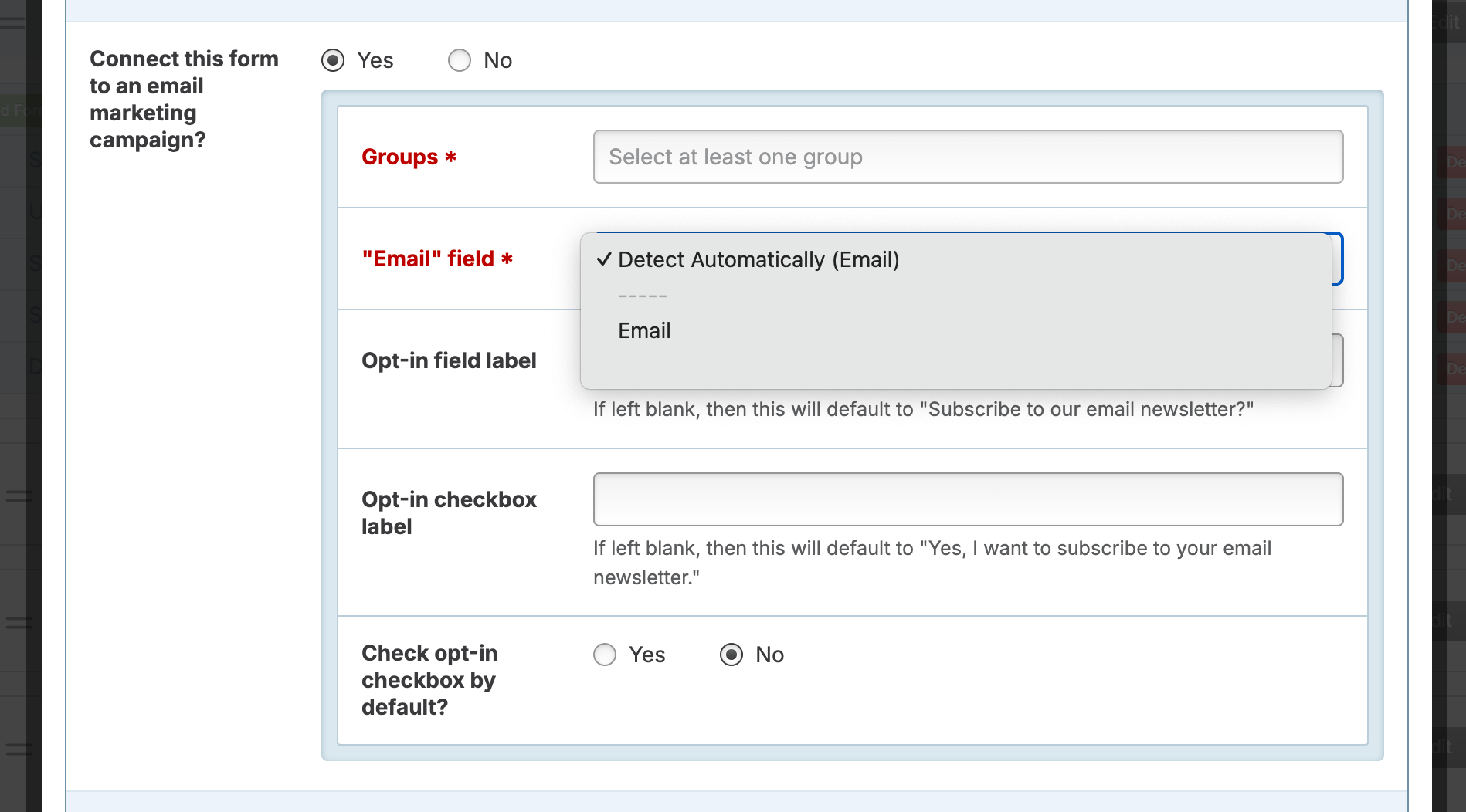 Screenshot: Email field dropdown selector
