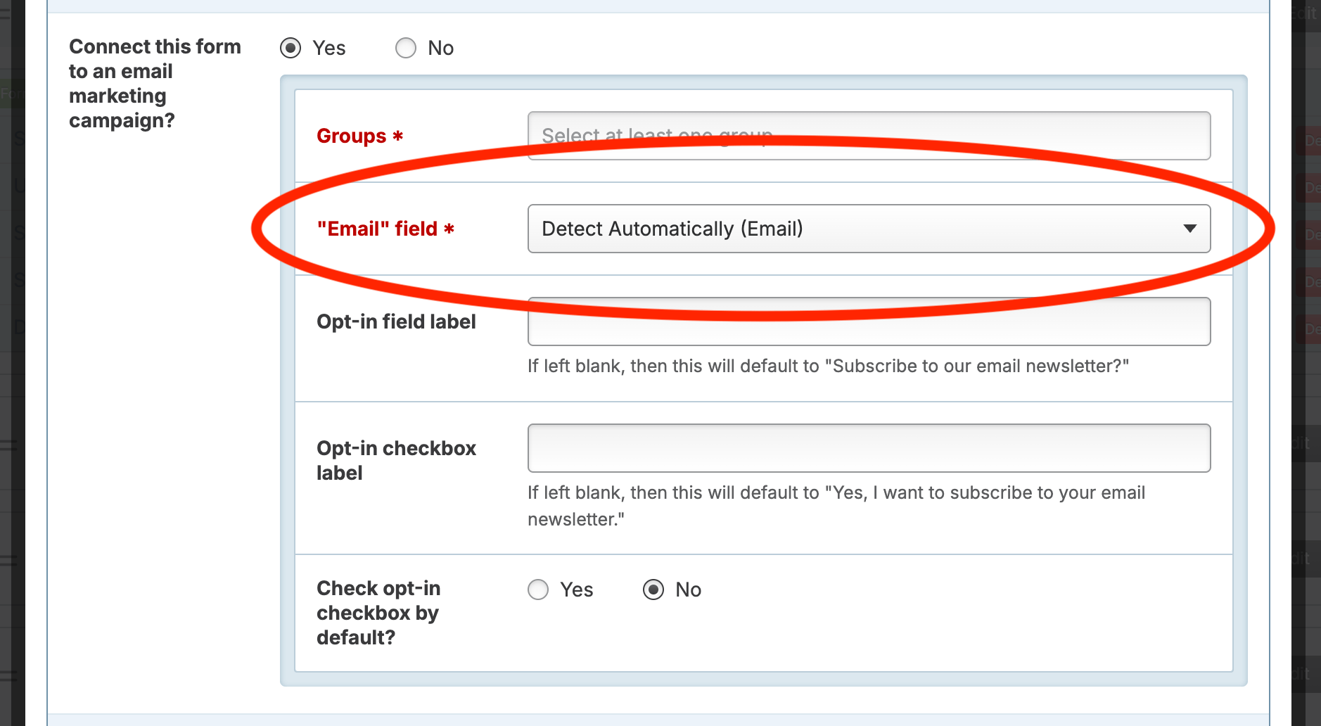 Screenshot: Email field dropdown selector