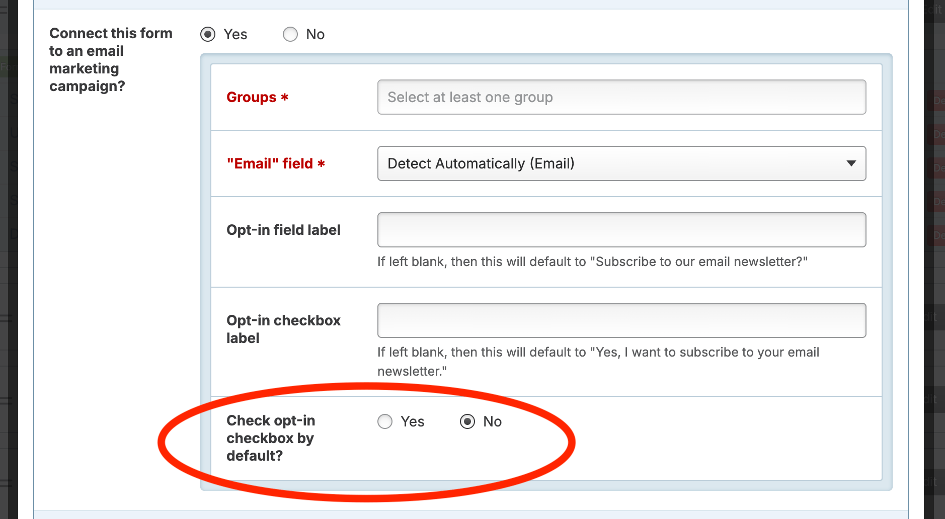 Screenshot: Checkbox default setting with Yes/No buttons