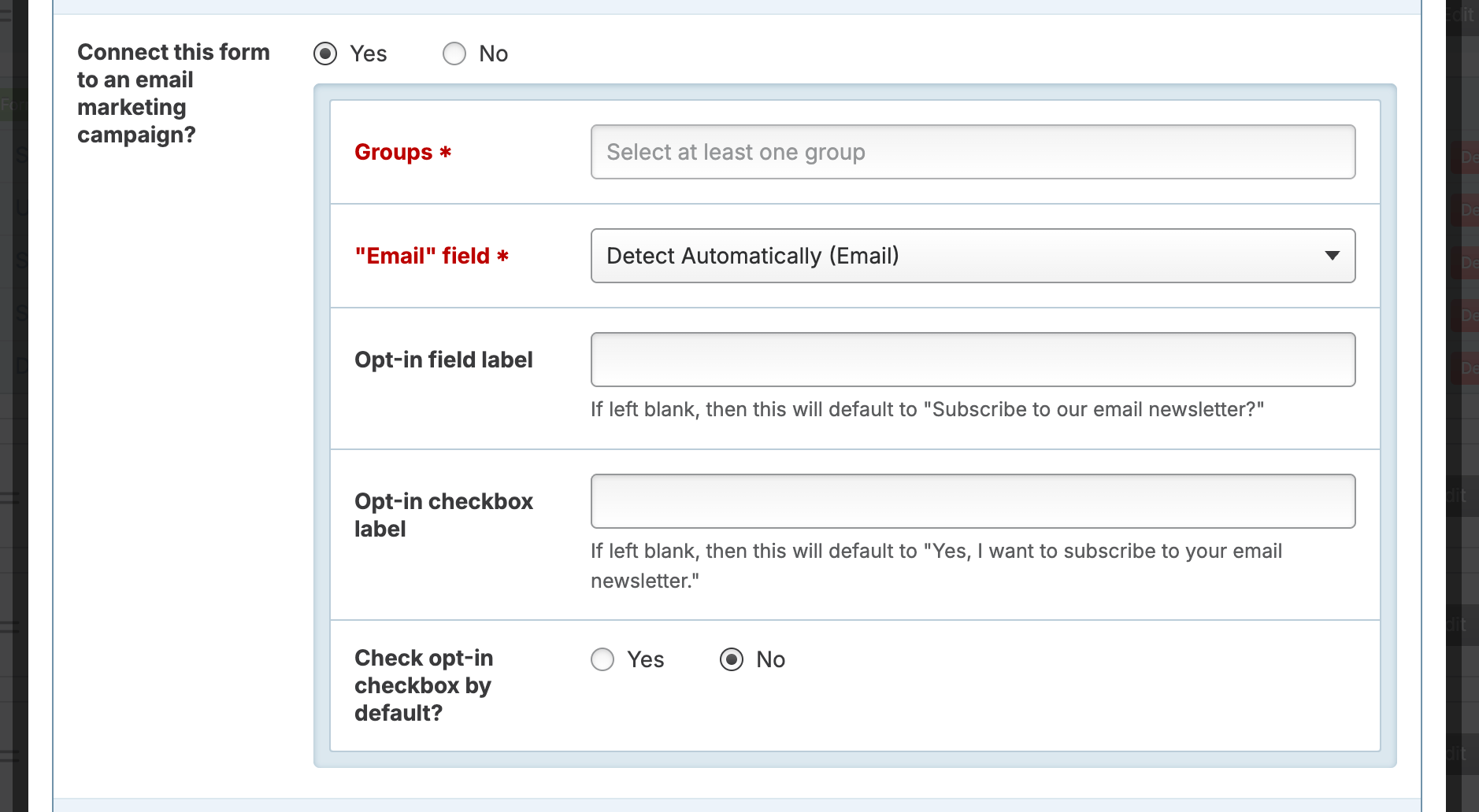 Screenshot: Email marketing options appearing after clicking Yes